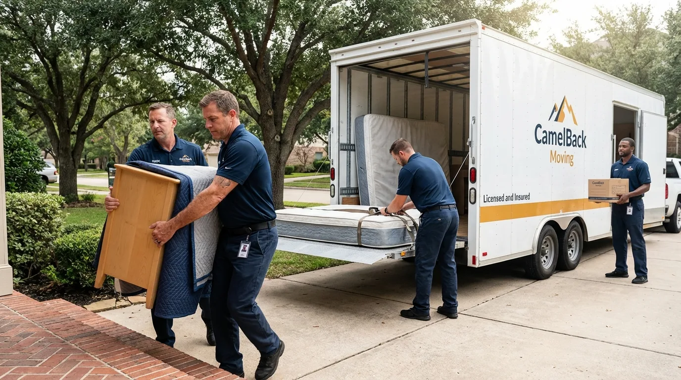 Crew loading residential truck for cross-state move from Pacifica, CA