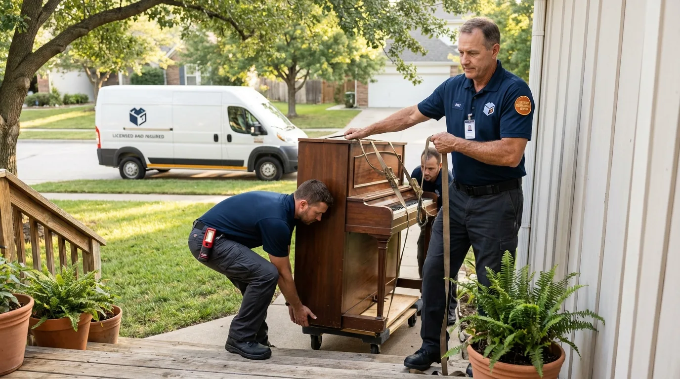 Licensed piano movers securing grand piano in Pacifica, CA
