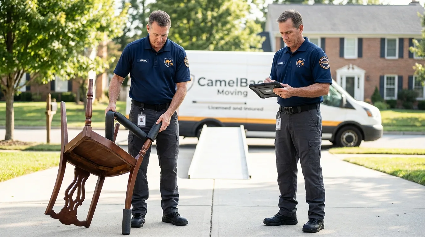 Movers inspecting furniture for damage prevention before loading in Pacifica, CA