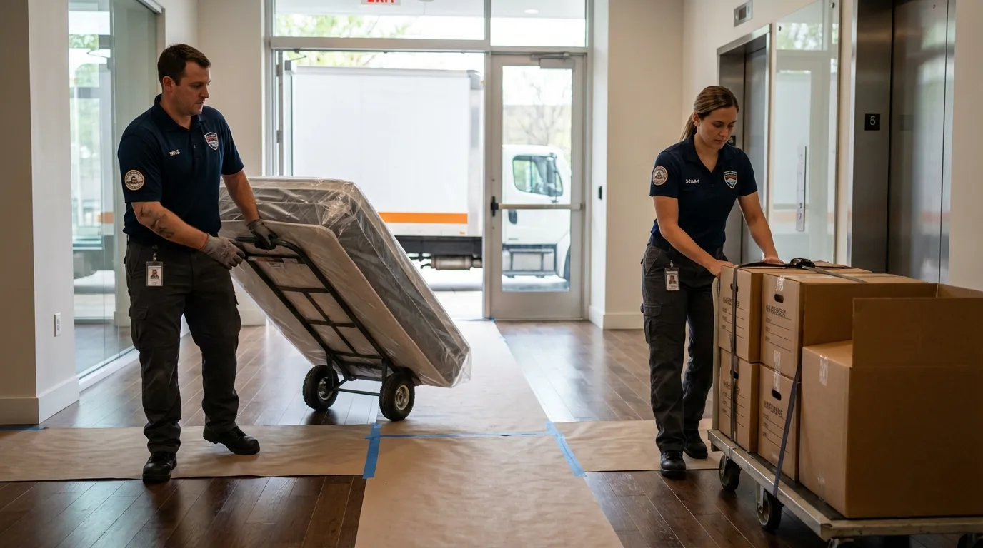 Professional apartment movers loading elevator in Pacifica, CA